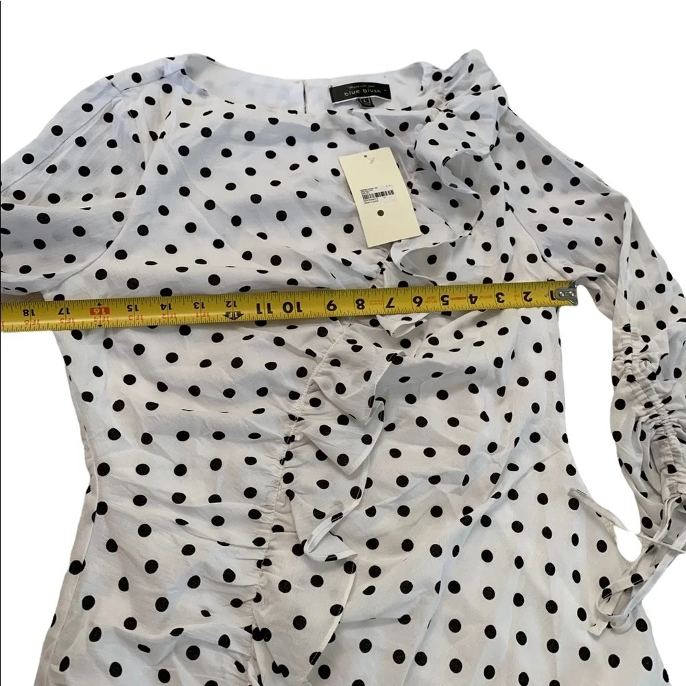 Blue Bush Black & White Polka Dot Ruffle Ruched Woven Dress Size Large